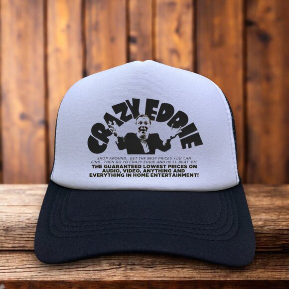 Crazy Eddie's Record Shop Mens Trucker Hat Black Snapback Retro Logo Ball Cap - Picture 1 of 4